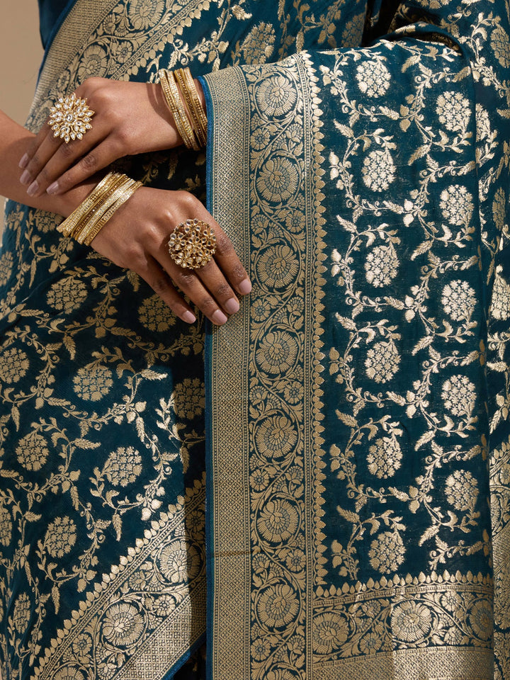 Teal Green Zariwork (Gold) Georgette Silk Saree