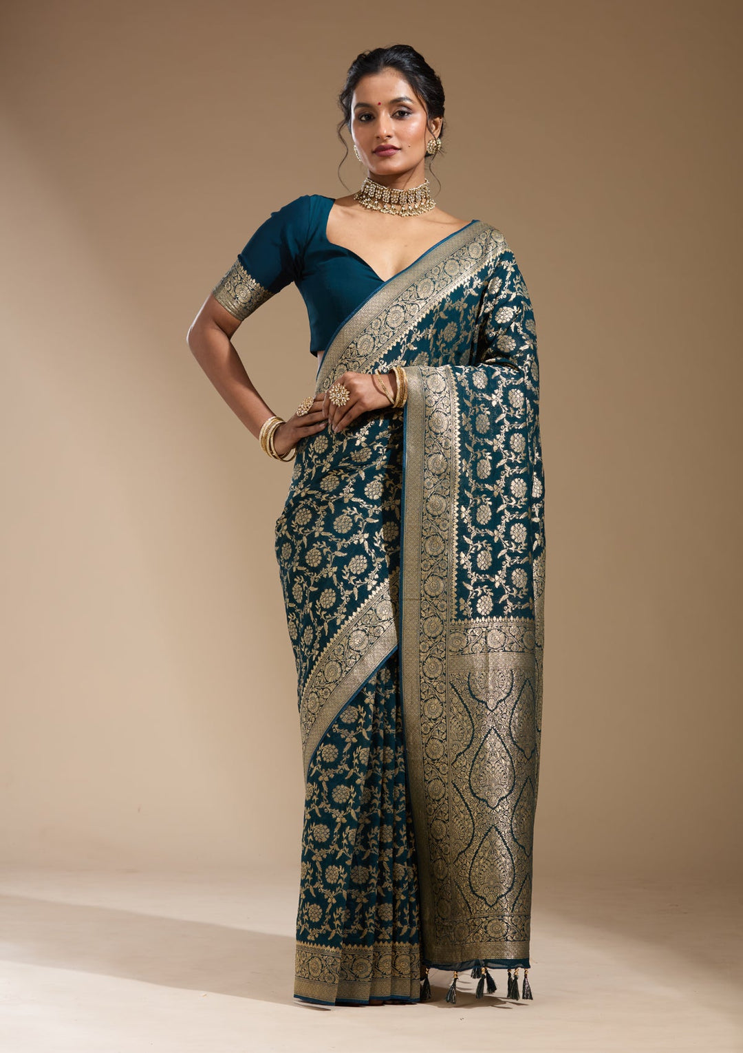 Peacock Blue Zariwork (Gold) Georgette Silk Saree