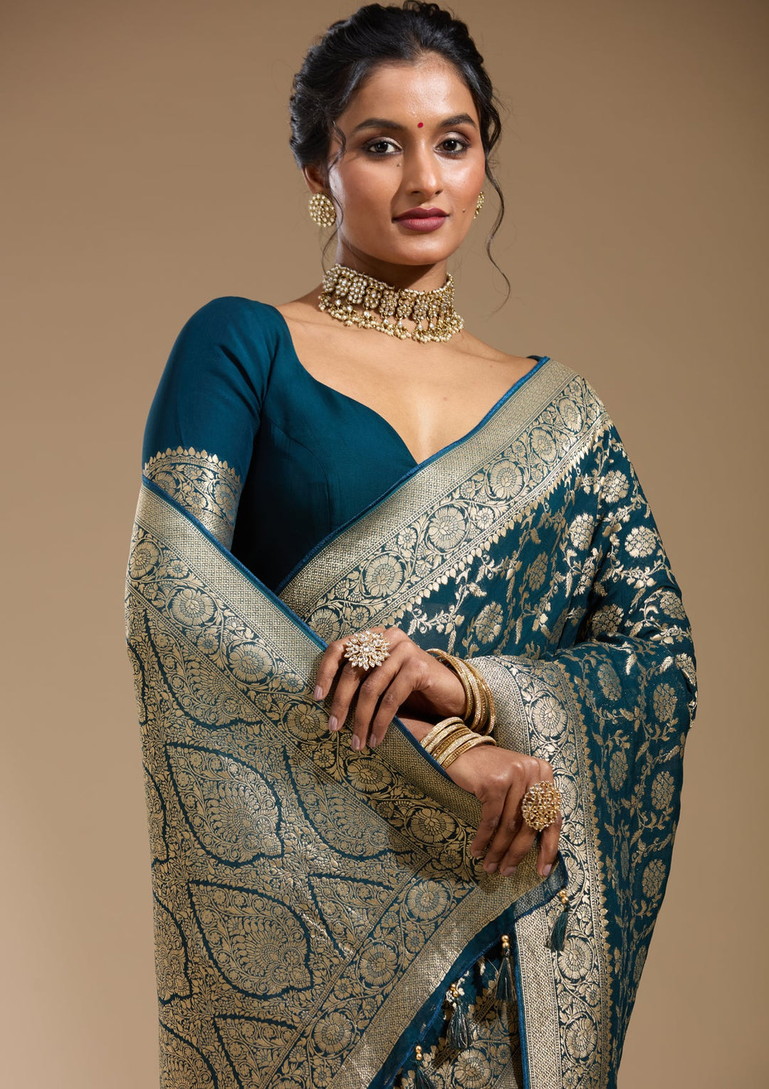 Peacock Blue Zariwork (Gold) Georgette Silk Saree
