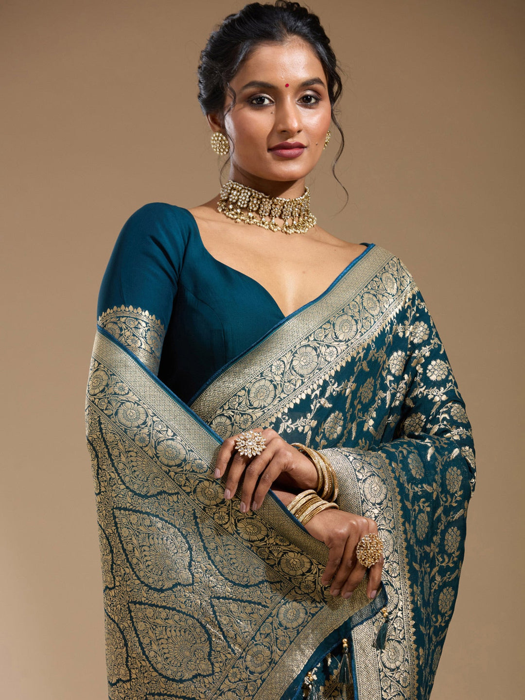 Teal Green Zariwork (Gold) Georgette Silk Saree