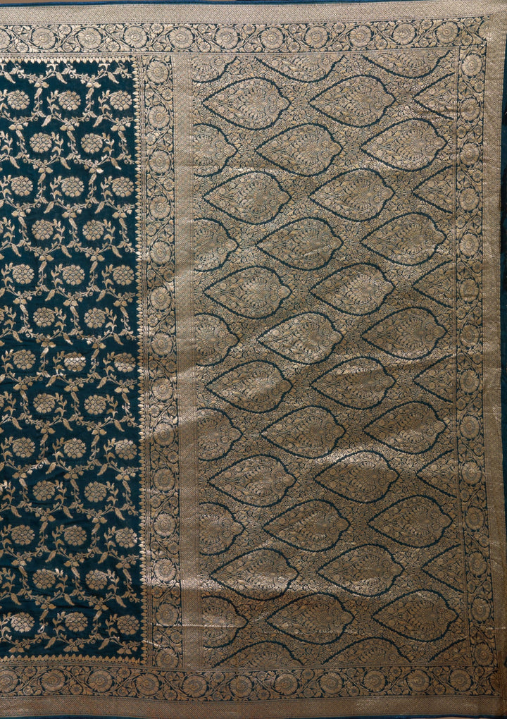 Peacock Blue Zariwork (Gold) Georgette Silk Saree