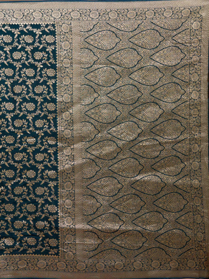 Teal Green Zariwork (Gold) Georgette Silk Saree