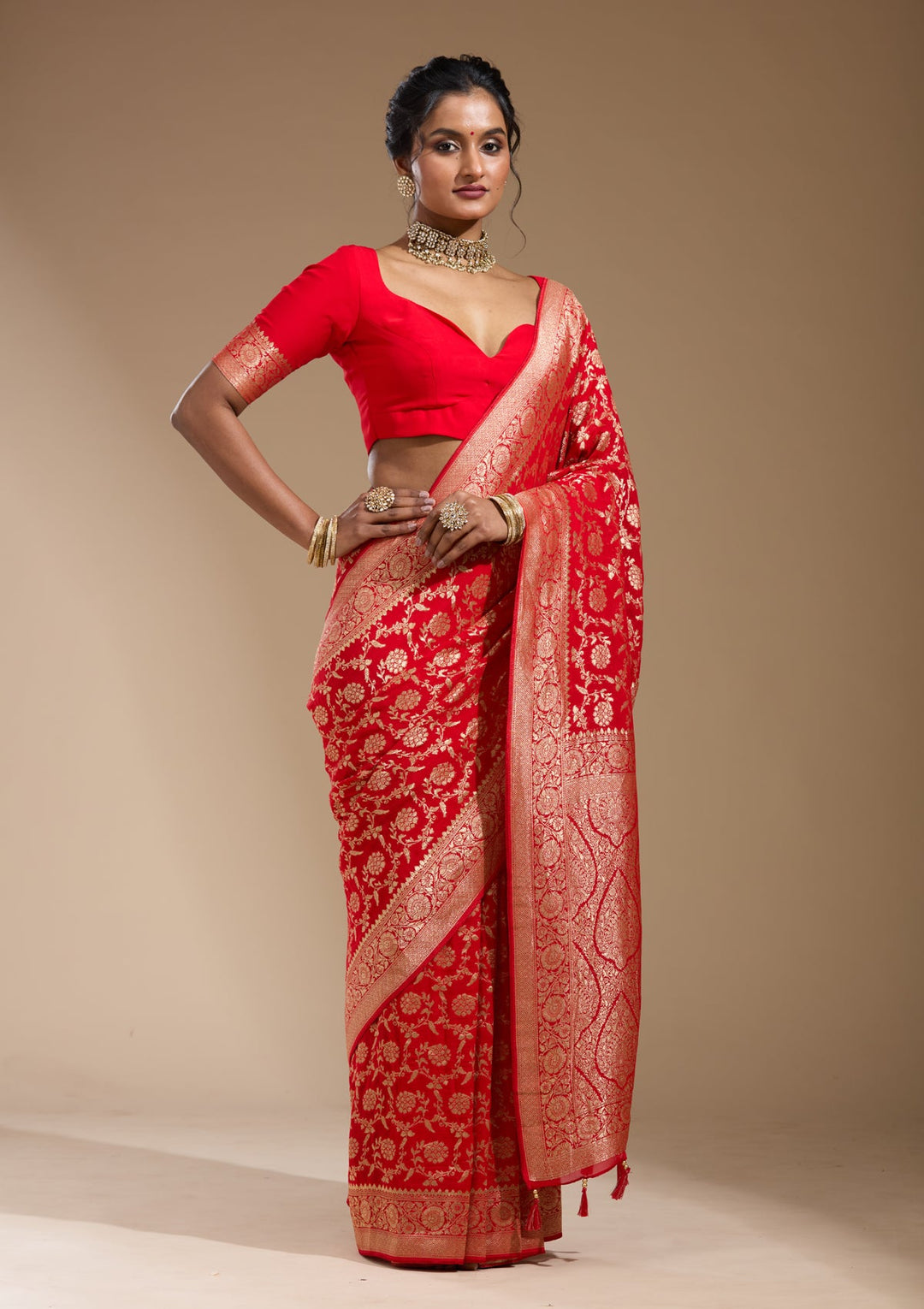 Red Zariwork (Gold) Georgette Silk Saree