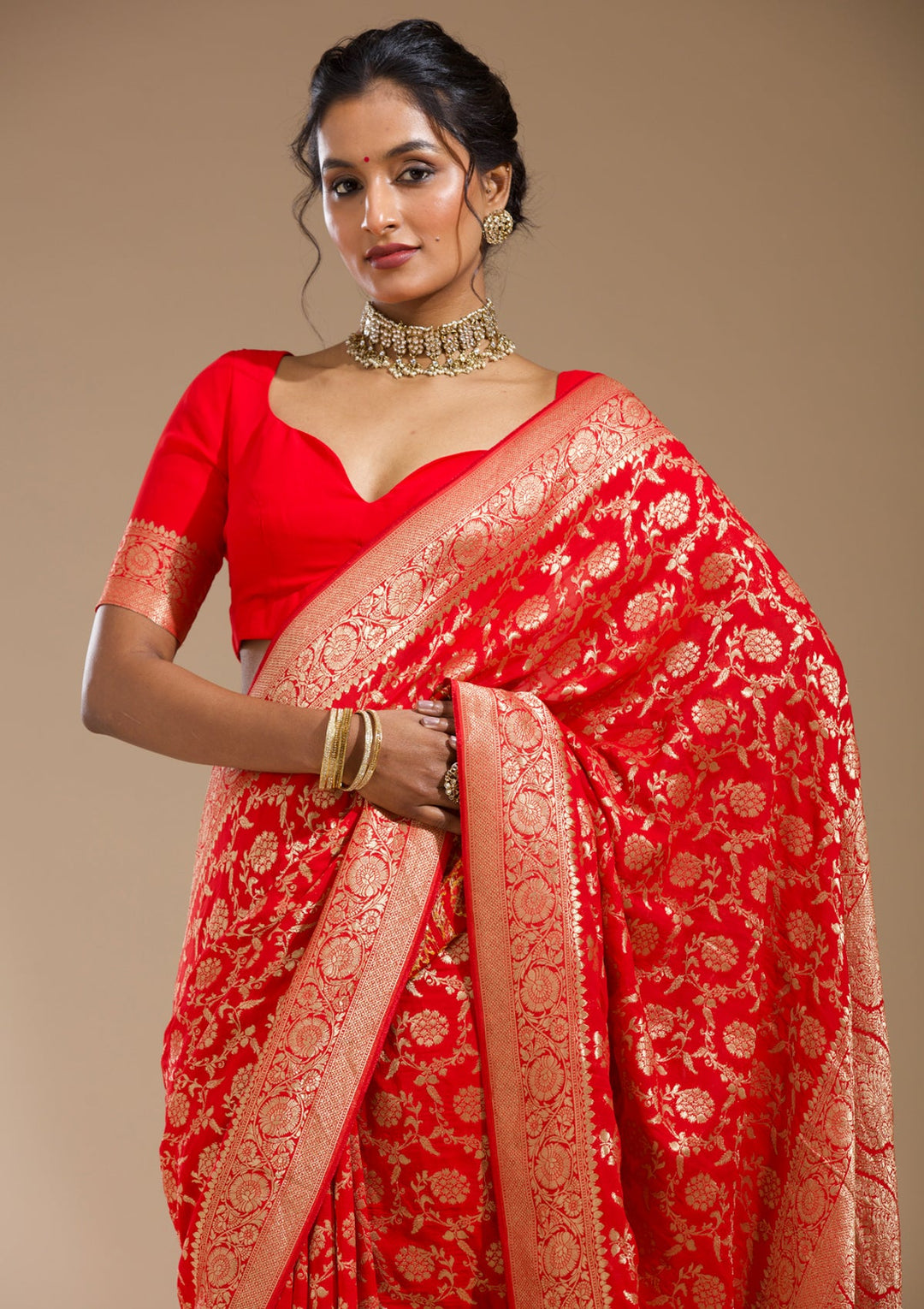 Red Zariwork (Gold) Georgette Silk Saree