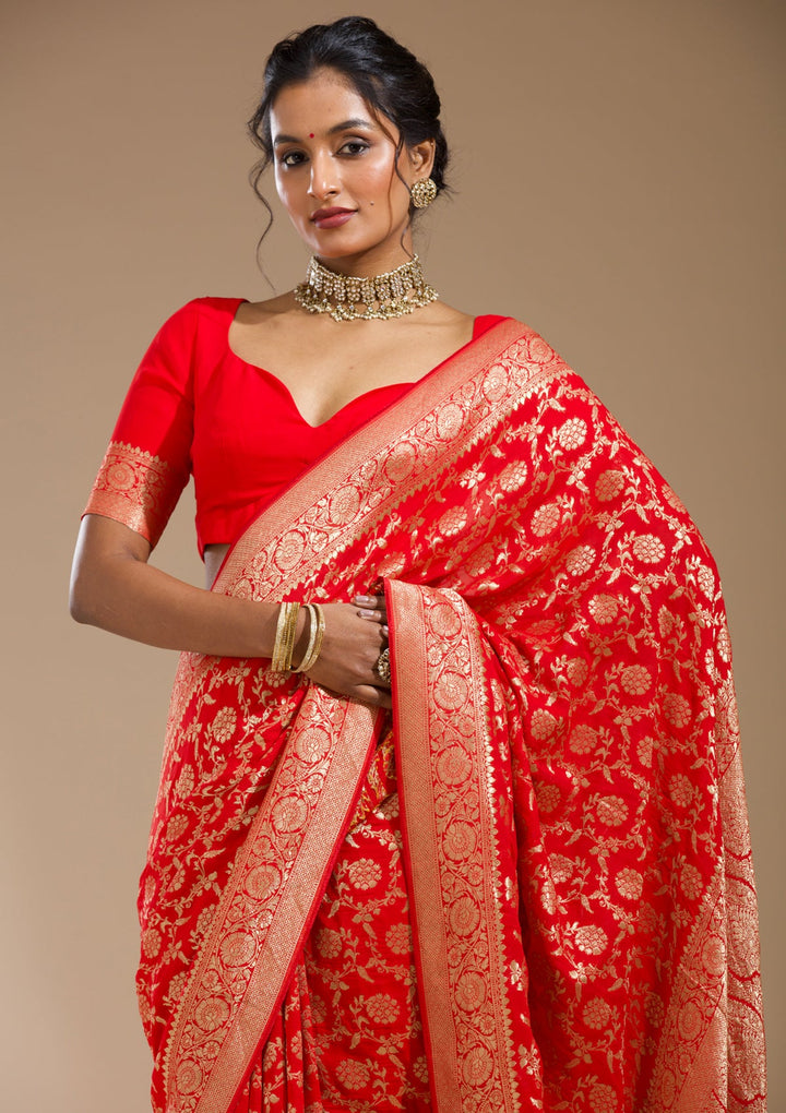 Red Zariwork (Gold) Georgette Silk Saree