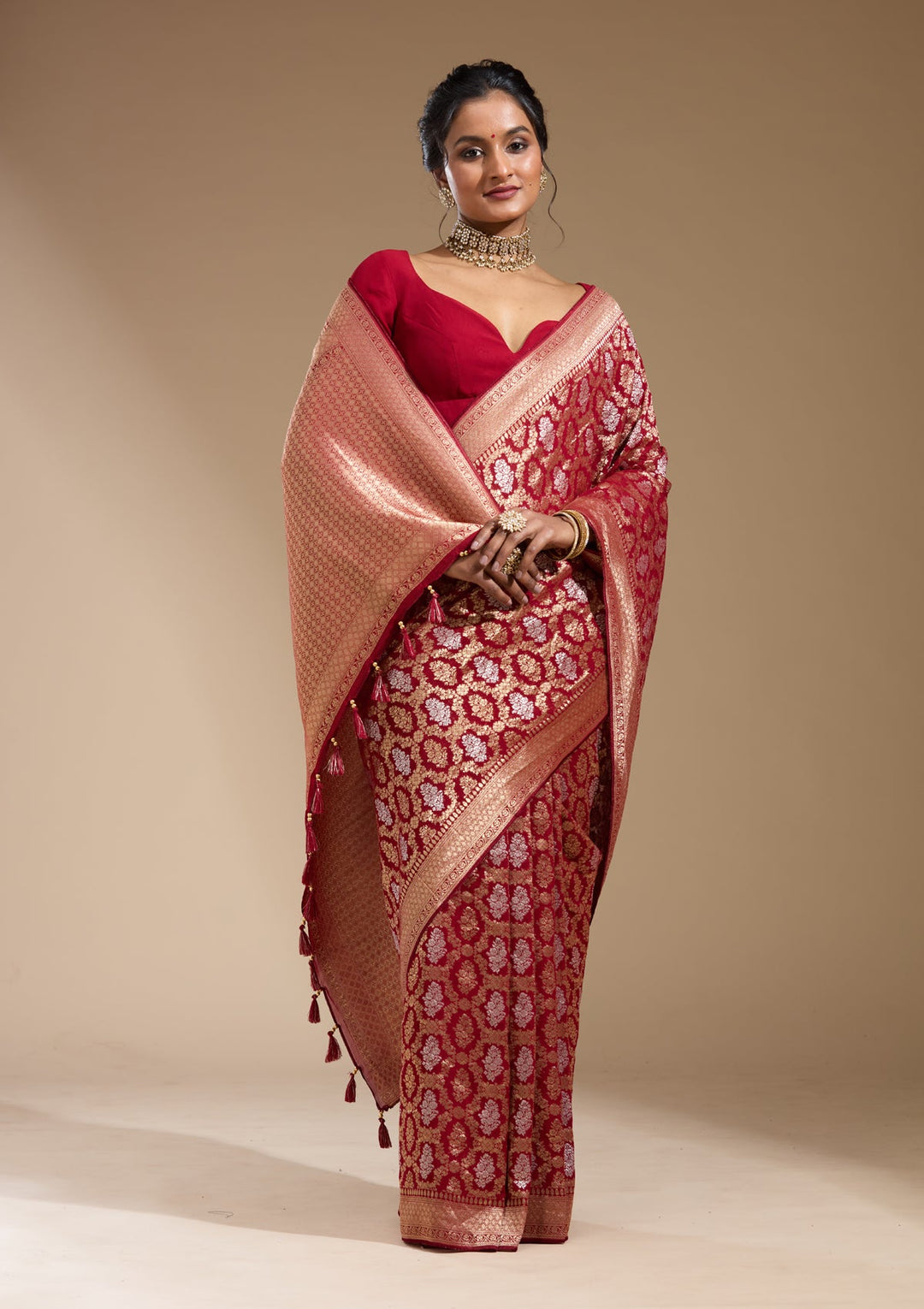 Maroon Zariwork (Gold) Georgette Silk Saree
