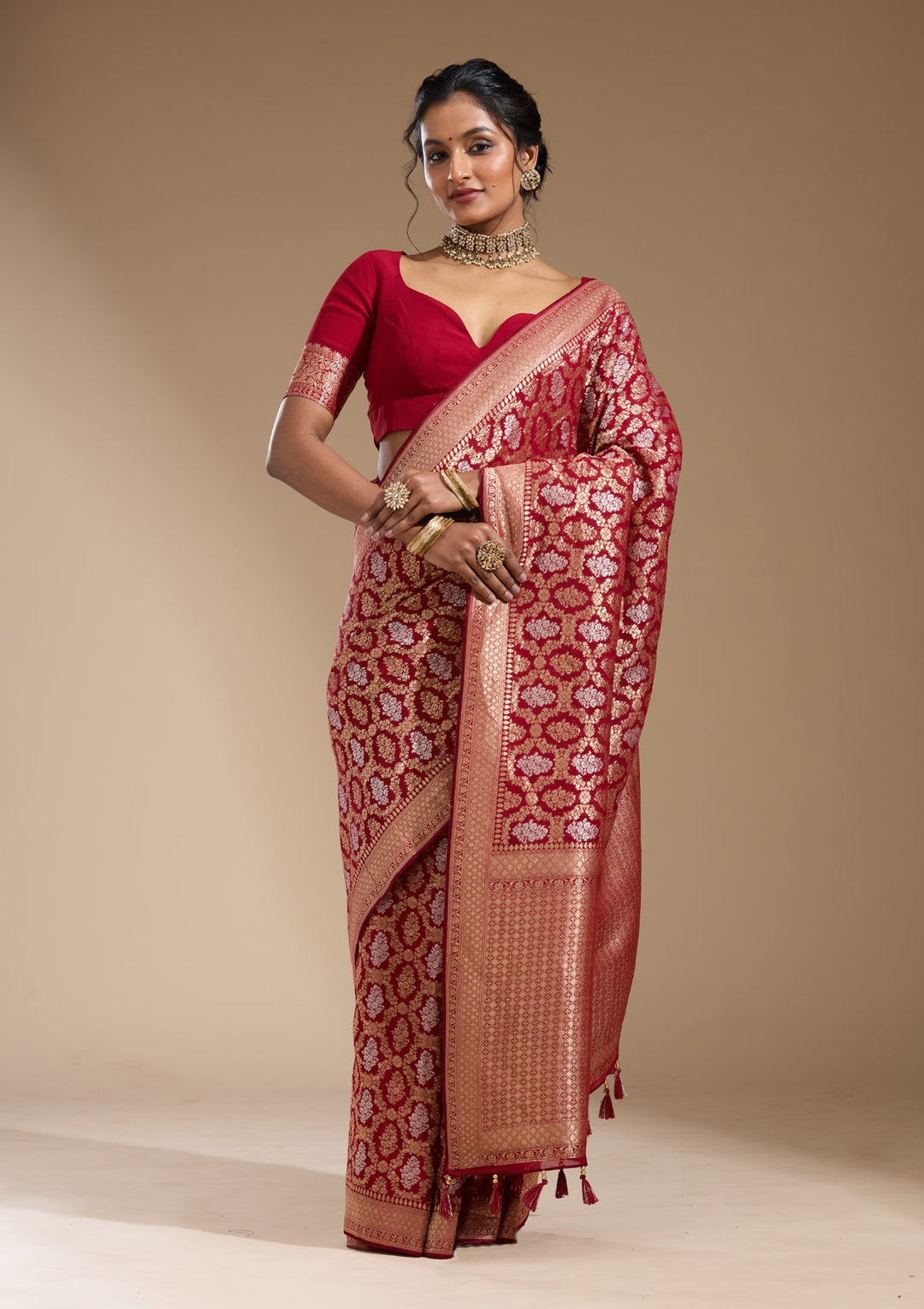 Maroon Zariwork (Gold) Georgette Silk Saree