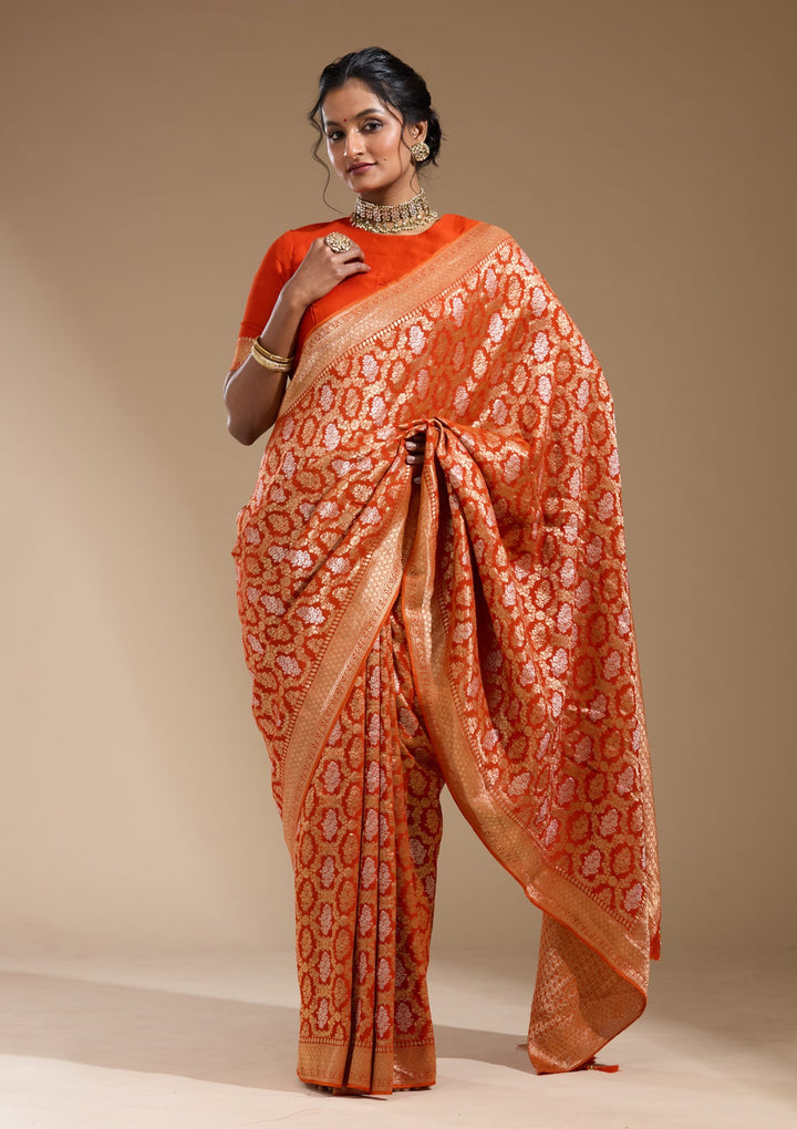 Orange Zariwork (Gold) Georgette Silk Saree