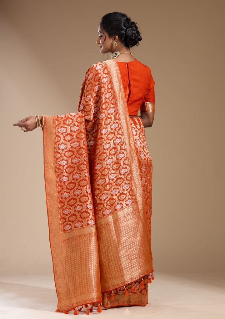 Orange Zariwork (Gold) Georgette Silk Saree