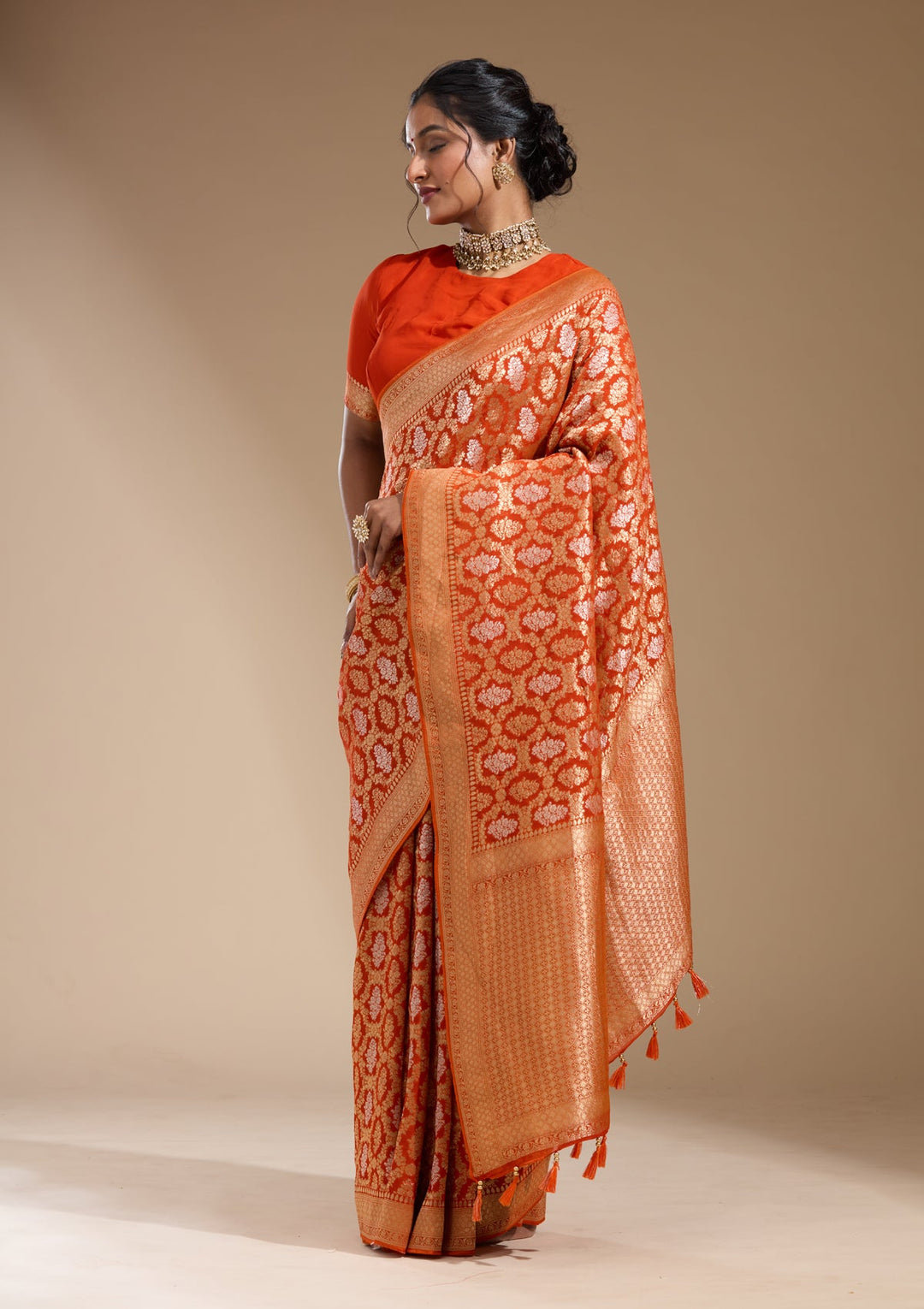 Orange Zariwork (Gold) Georgette Silk Saree