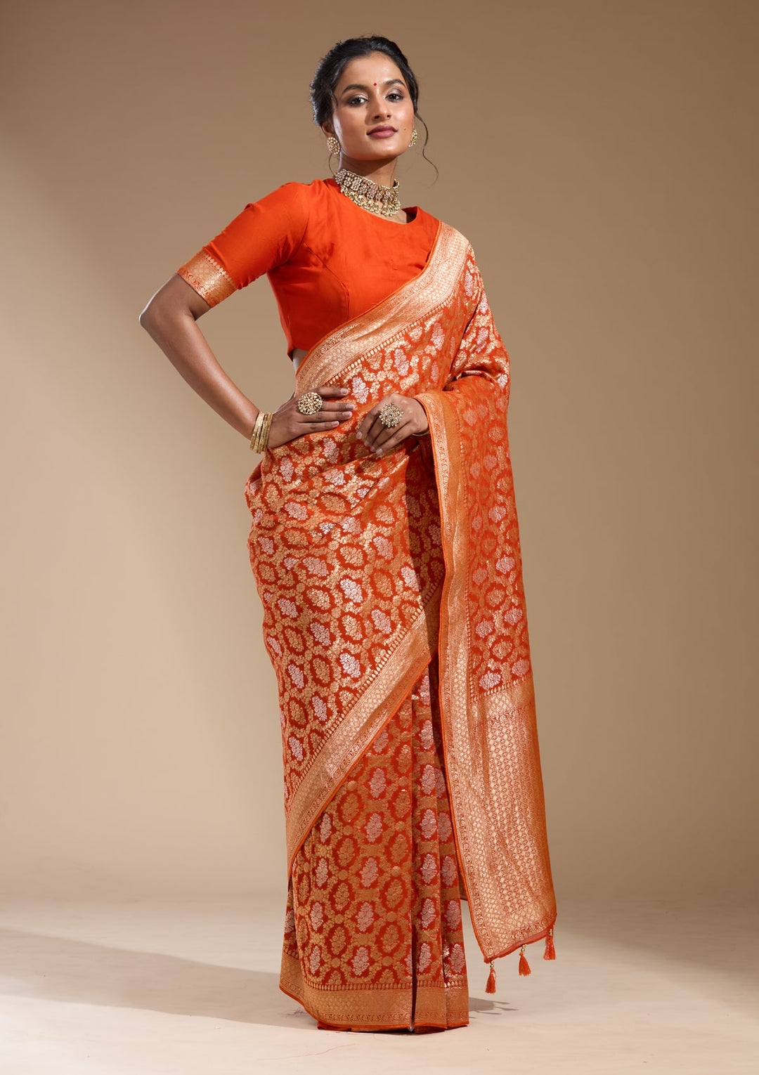 Orange Zariwork (Gold) Georgette Silk Saree