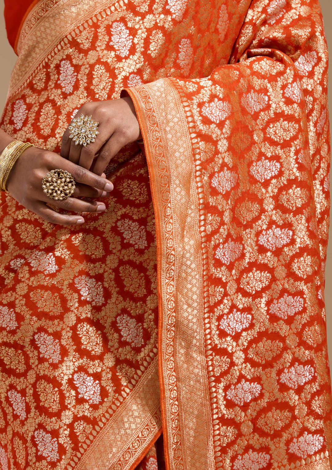 Orange Zariwork (Gold) Georgette Silk Saree