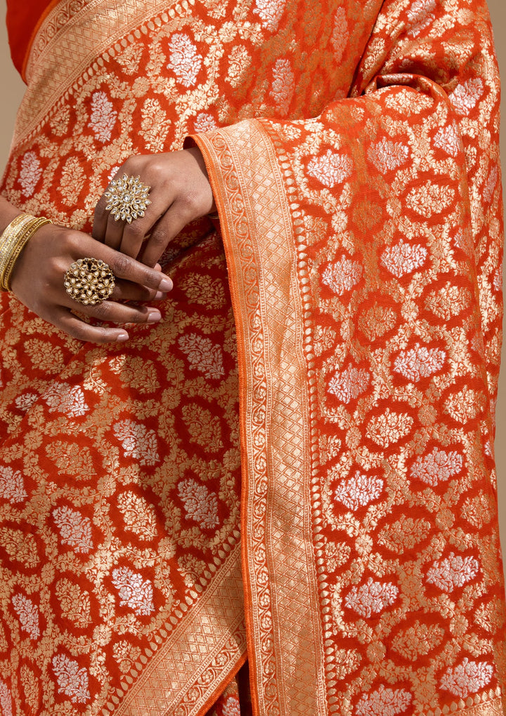 Orange Zariwork (Gold) Georgette Silk Saree