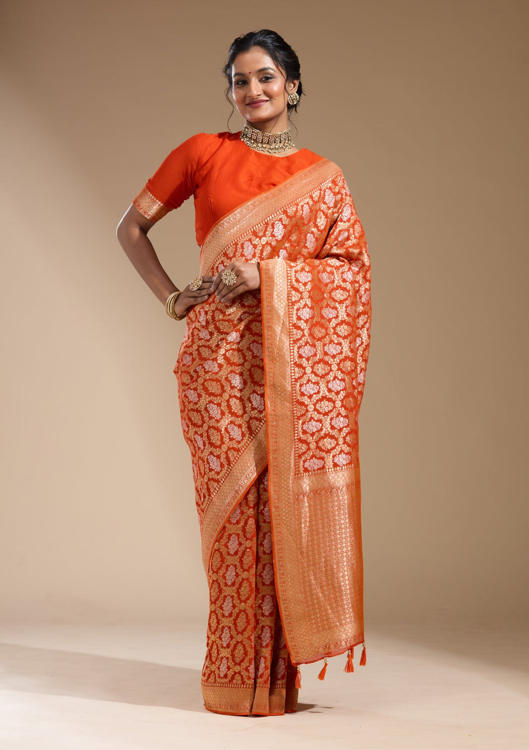 Orange Zariwork (Gold) Georgette Silk Saree