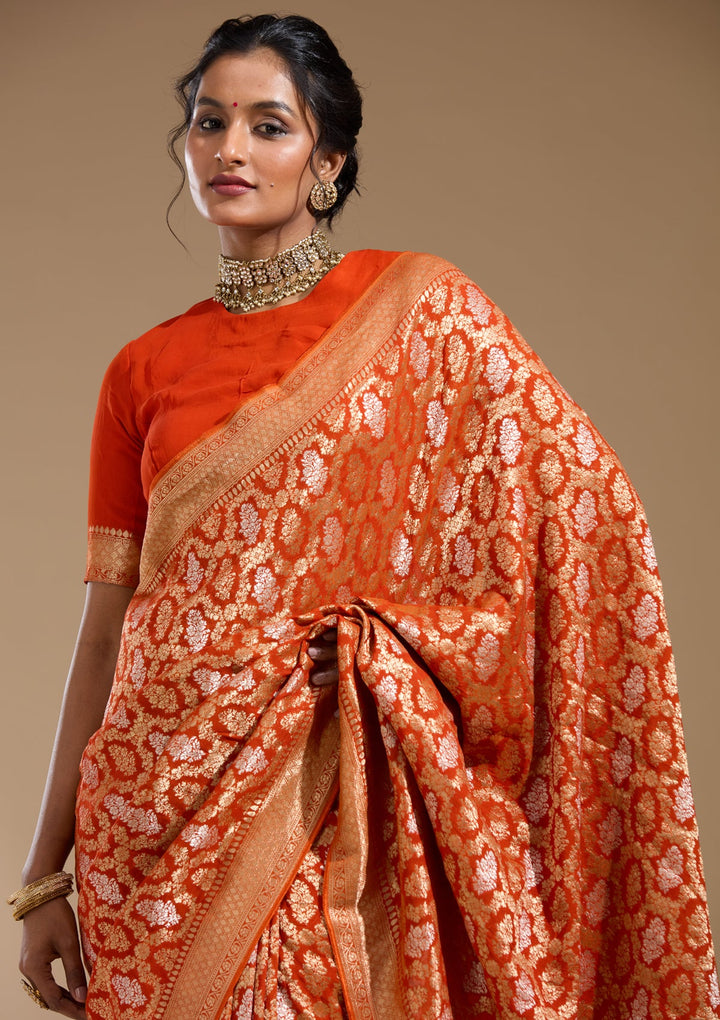 Orange Zariwork (Gold) Georgette Silk Saree