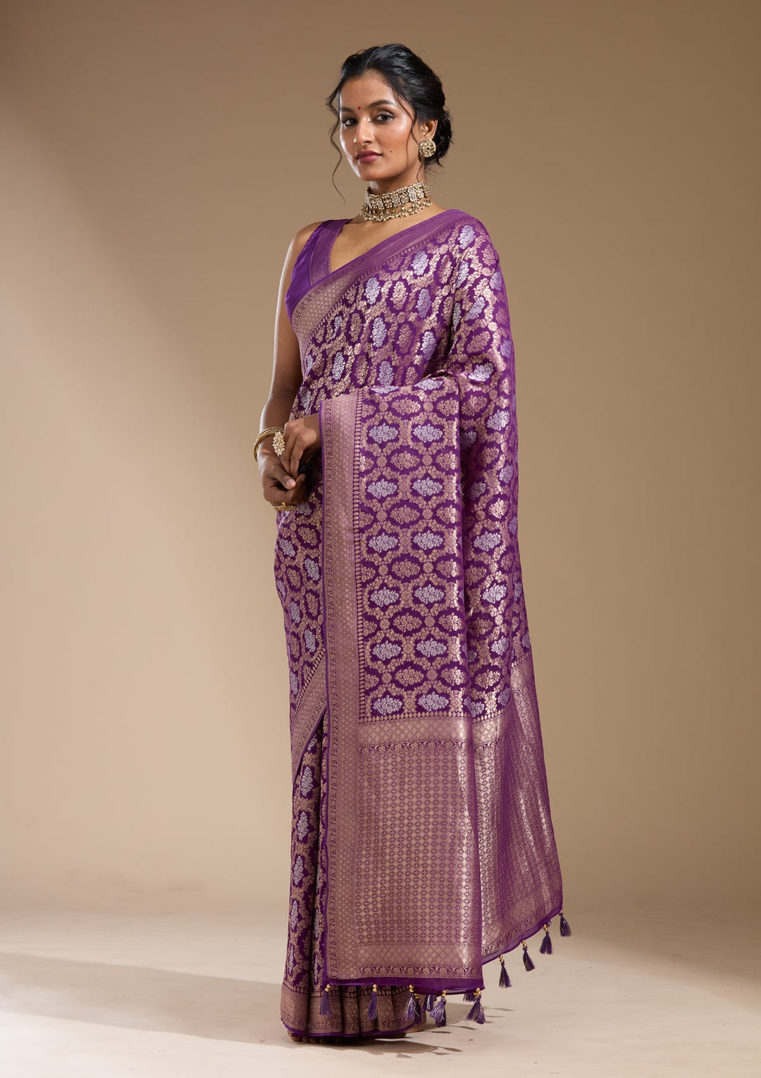 Purple Zariwork (Gold) Georgette Silk Saree