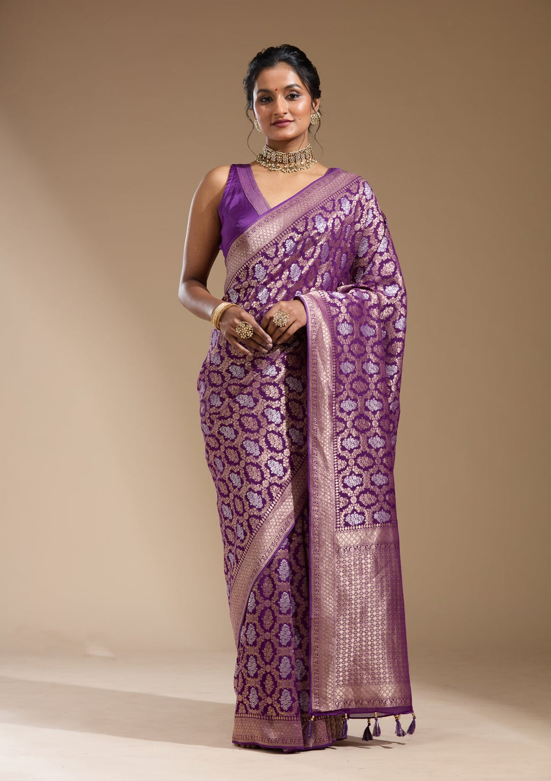 Purple Zariwork (Gold) Georgette Silk Saree