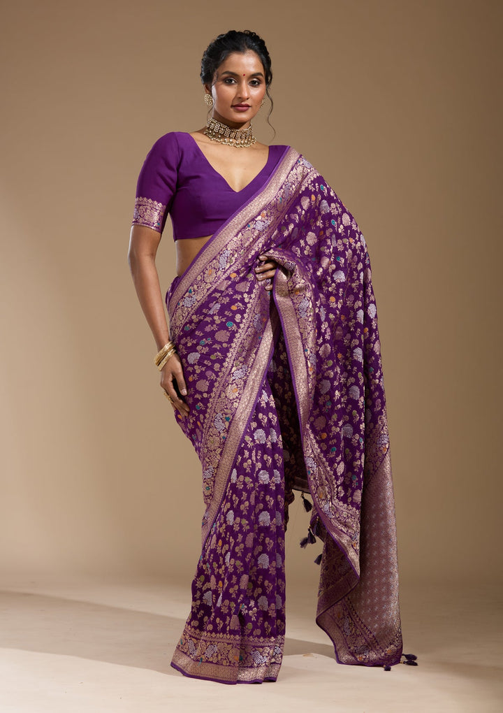 Purple Zariwork (Gold) Georgette Silk Saree