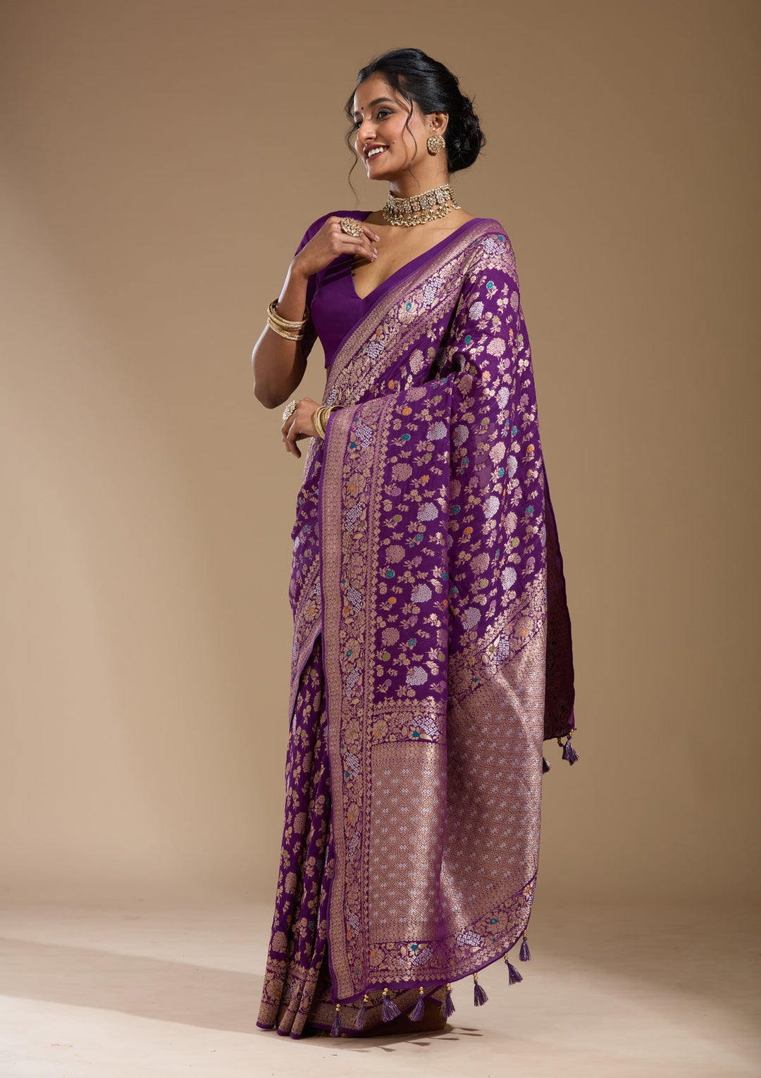 Purple Zariwork (Gold) Georgette Silk Saree