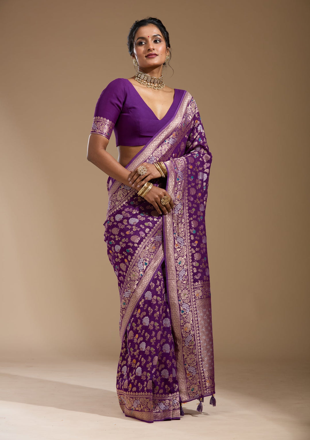 Purple Zariwork (Gold) Georgette Silk Saree