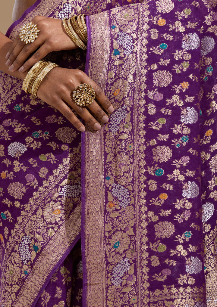 Purple Zariwork (Gold) Georgette Silk Saree