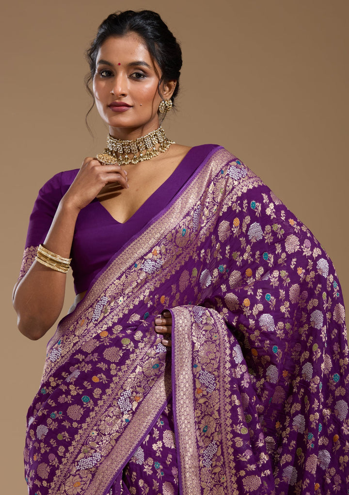 Purple Zariwork (Gold) Georgette Silk Saree