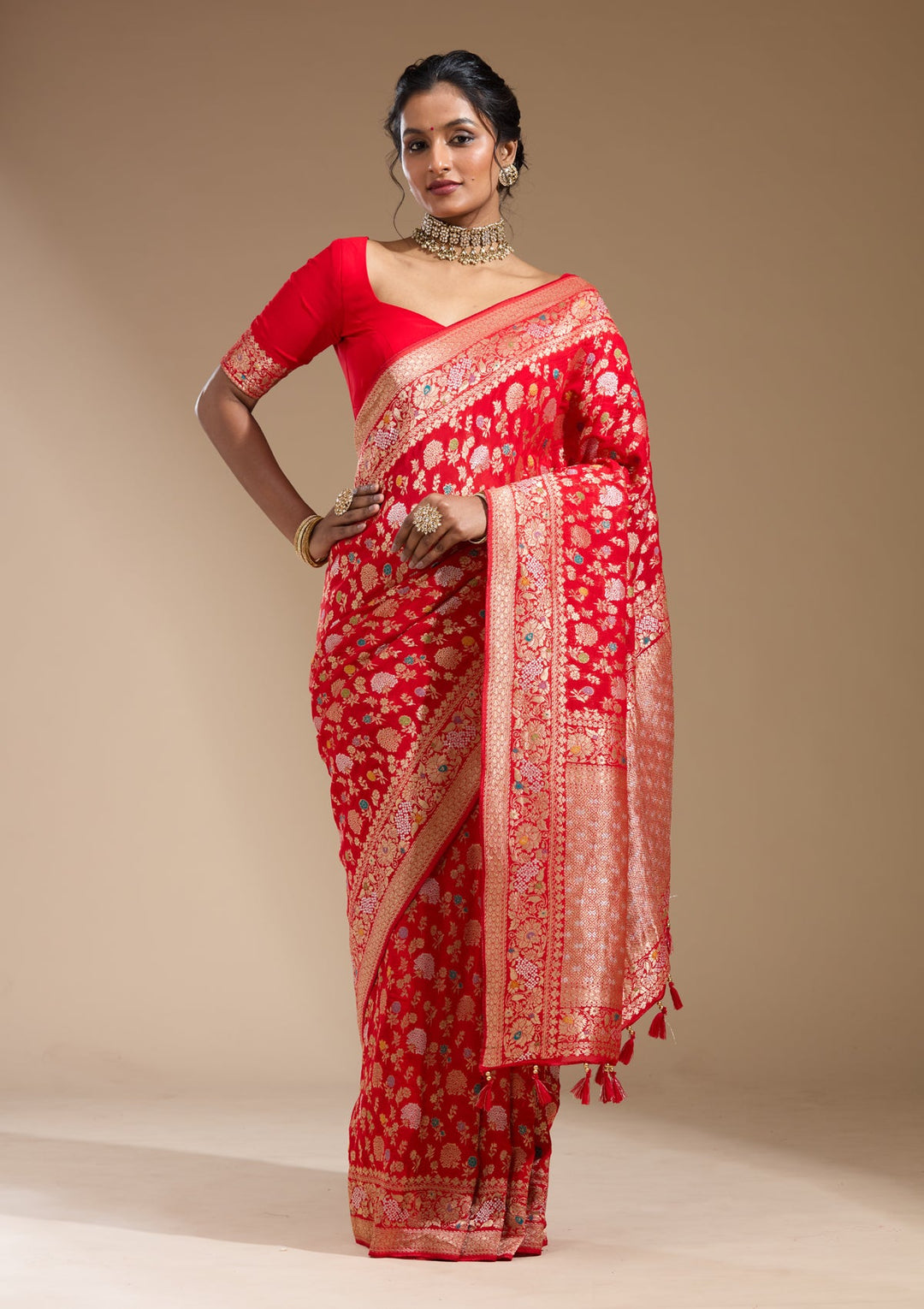 Red Zariwork (Gold) Georgette Silk Saree