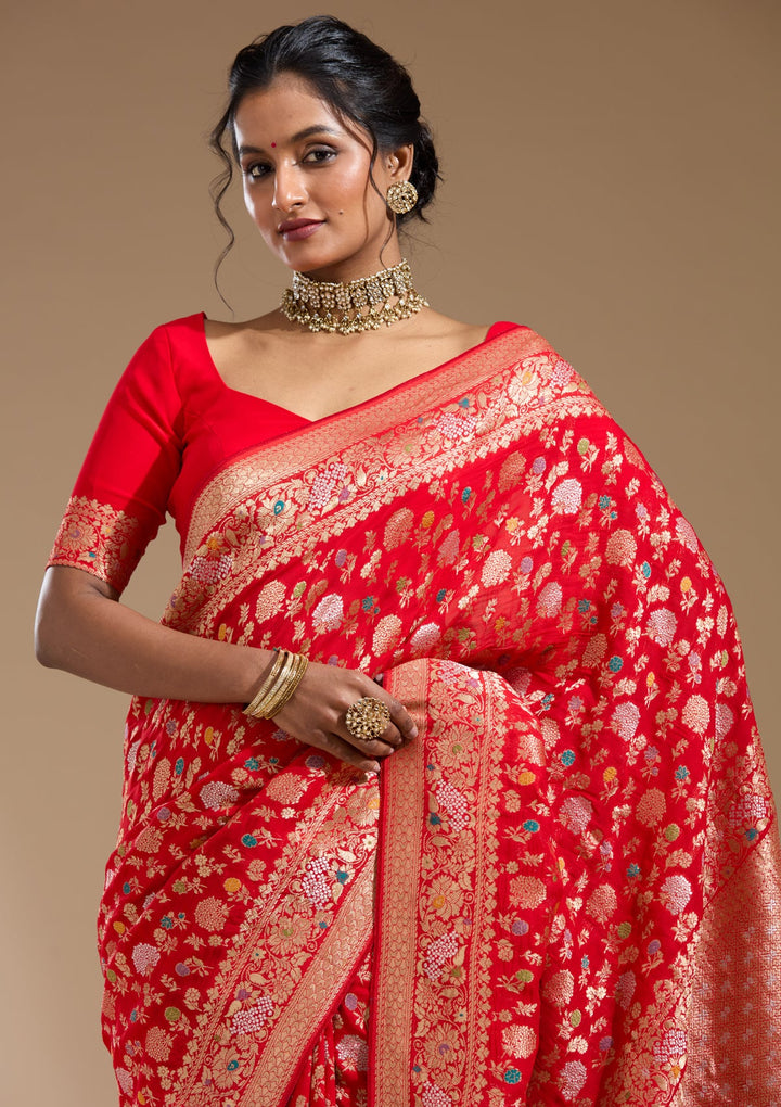 Red Zariwork (Gold) Georgette Silk Saree