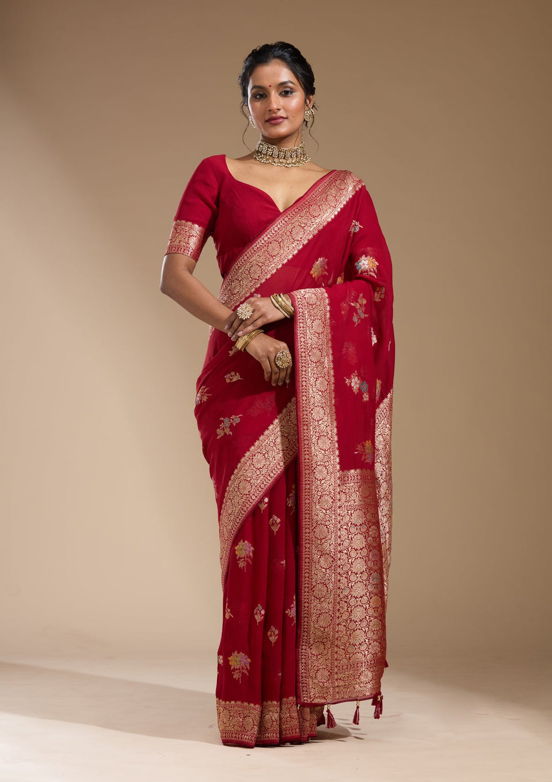 Maroon Zariwork (Gold) Georgette Silk Saree