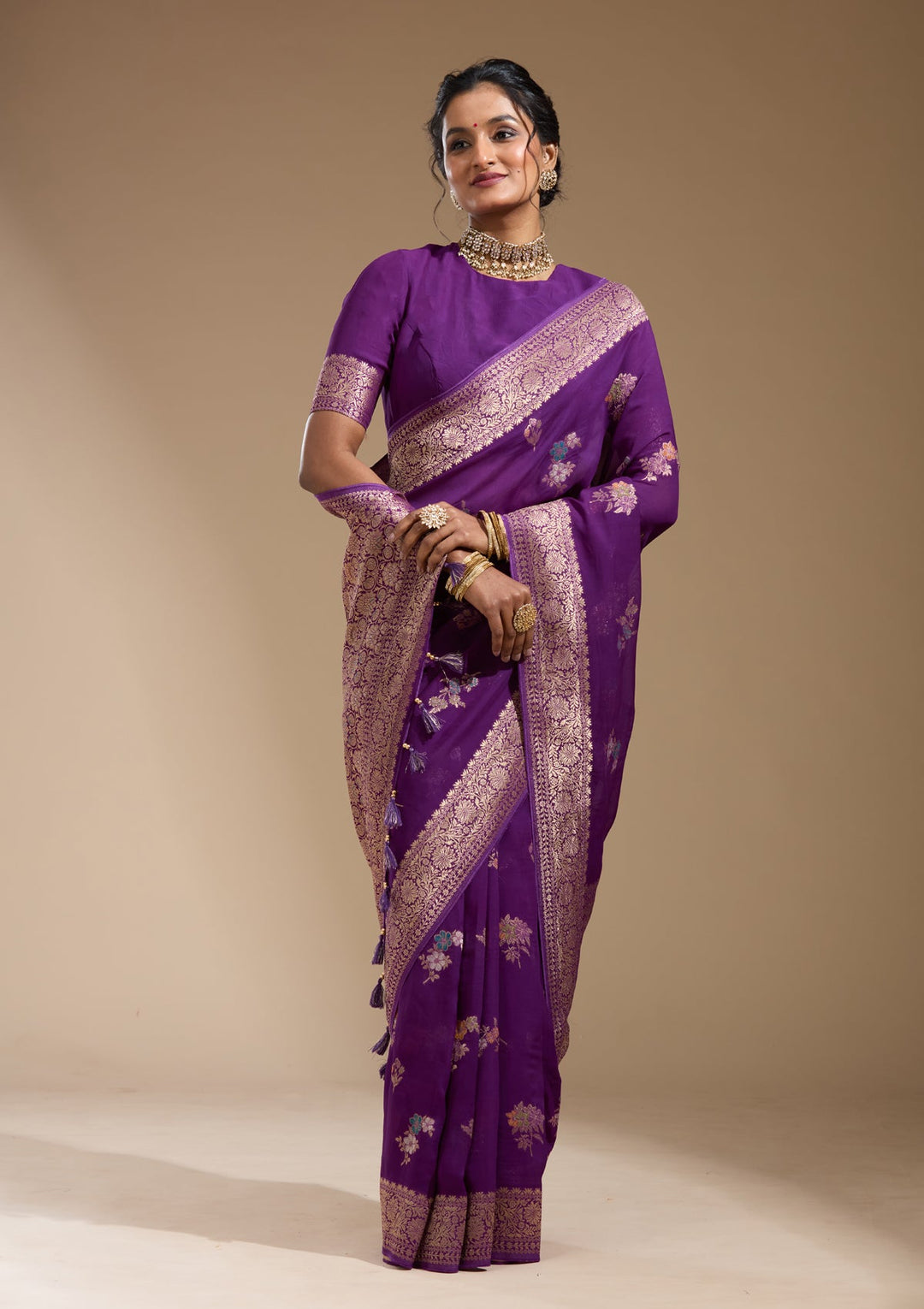 Purple Zariwork (Gold) Georgette Silk Saree