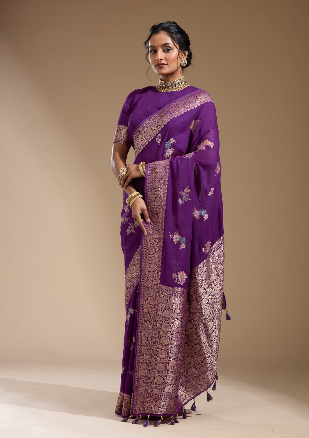 Purple Zariwork (Gold) Georgette Silk Saree