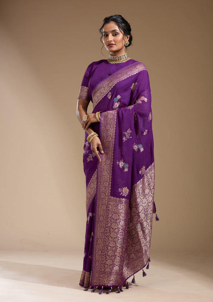 Purple Zariwork (Gold) Georgette Silk Saree