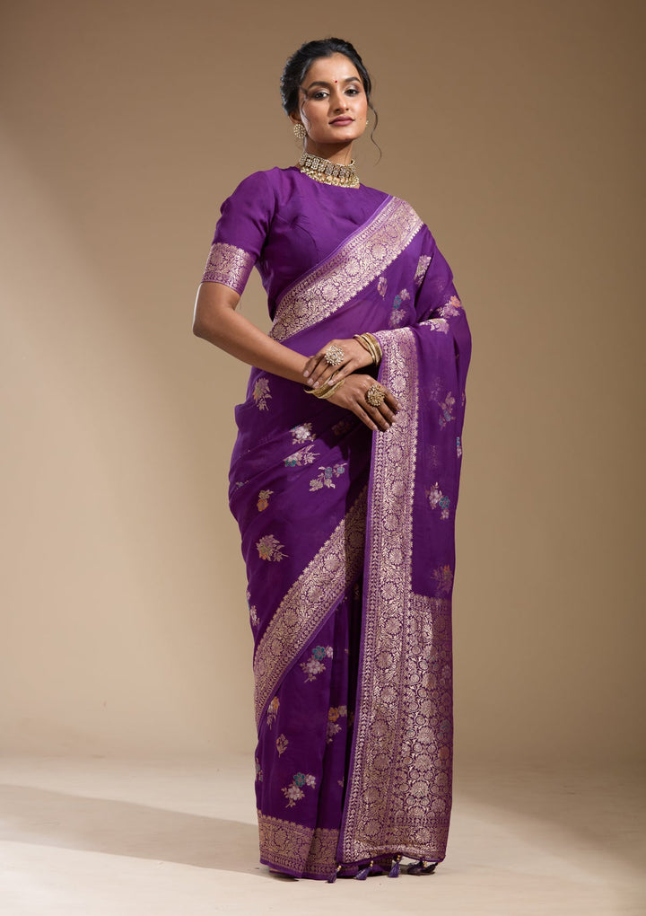 Purple Zariwork (Gold) Georgette Silk Saree