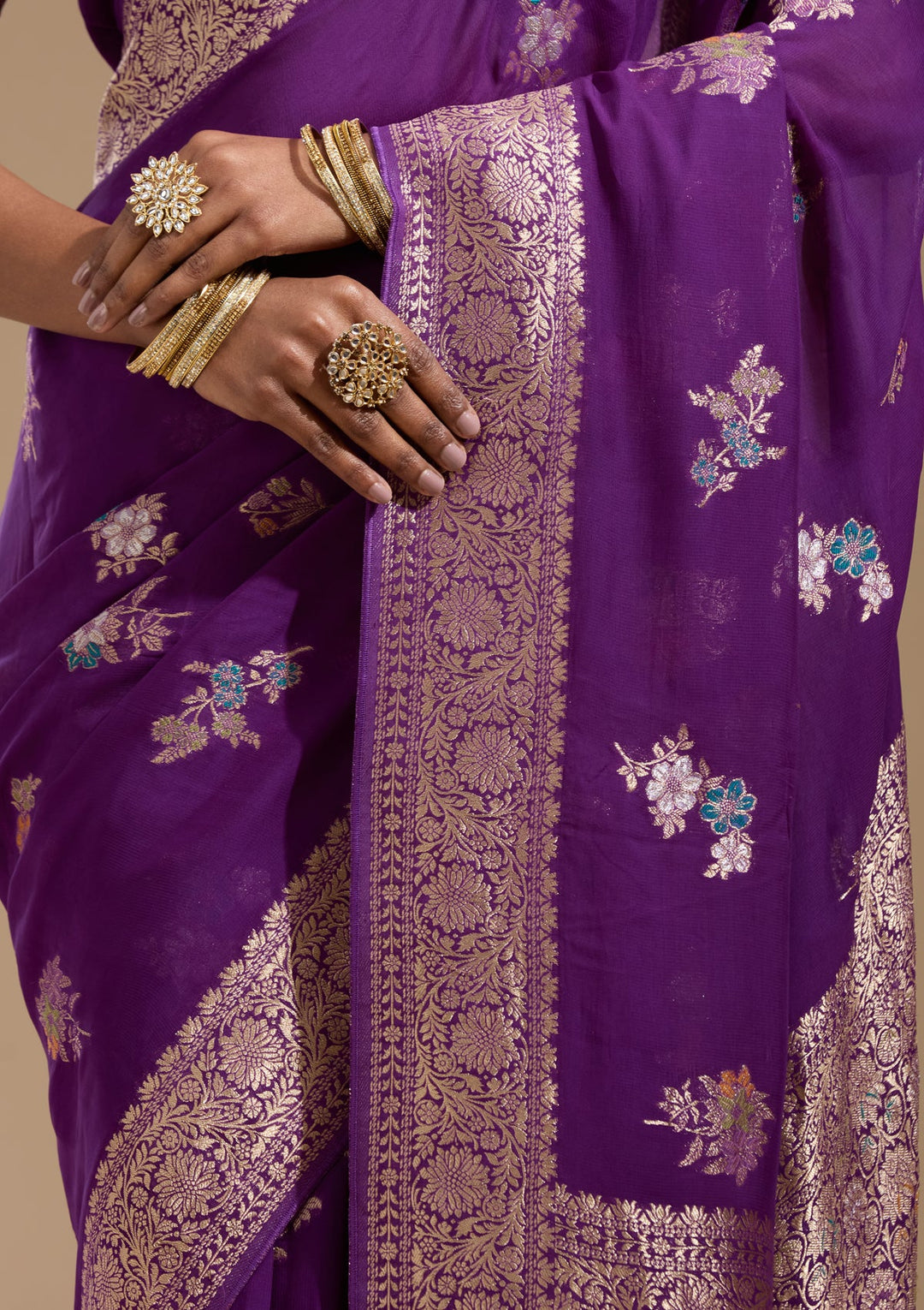 Purple Zariwork (Gold) Georgette Silk Saree