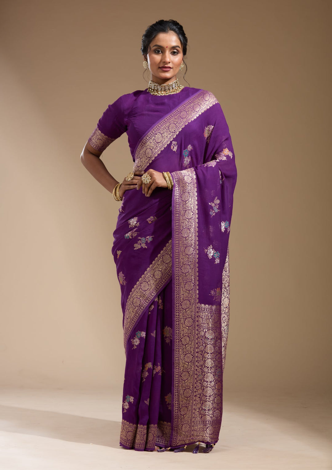Purple Zariwork (Gold) Georgette Silk Saree