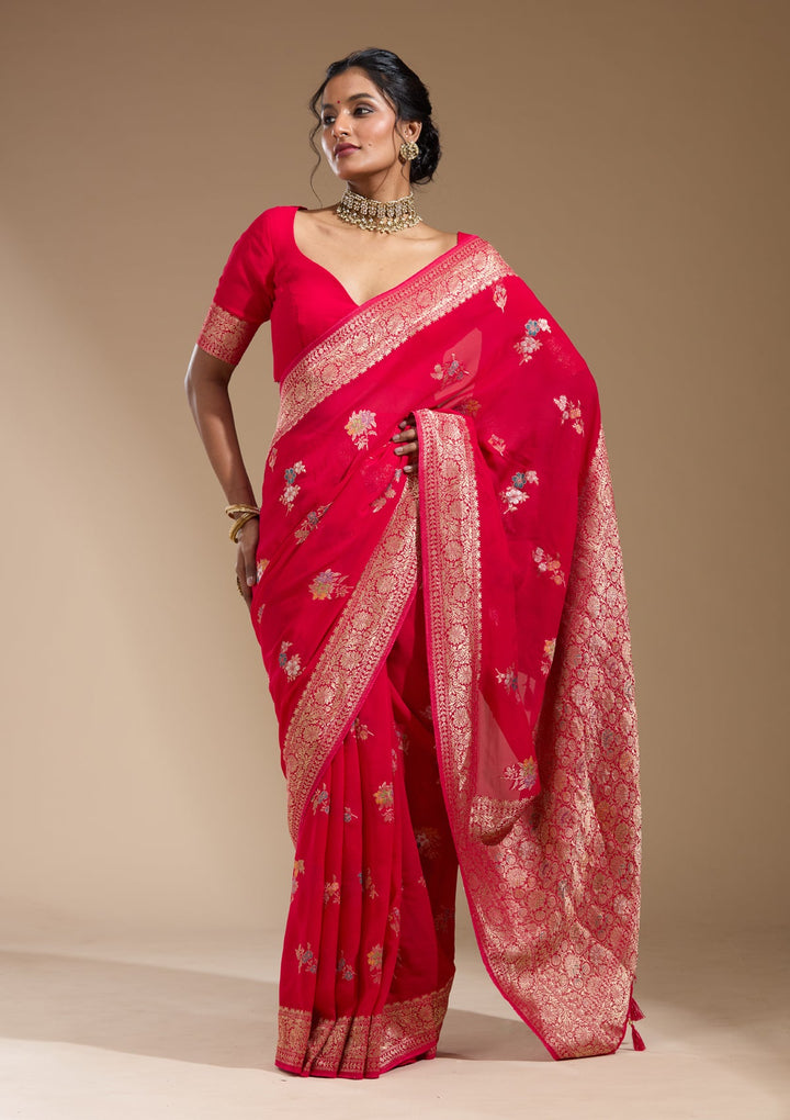 Rani Pink Zariwork (Gold) Georgette Silk Saree