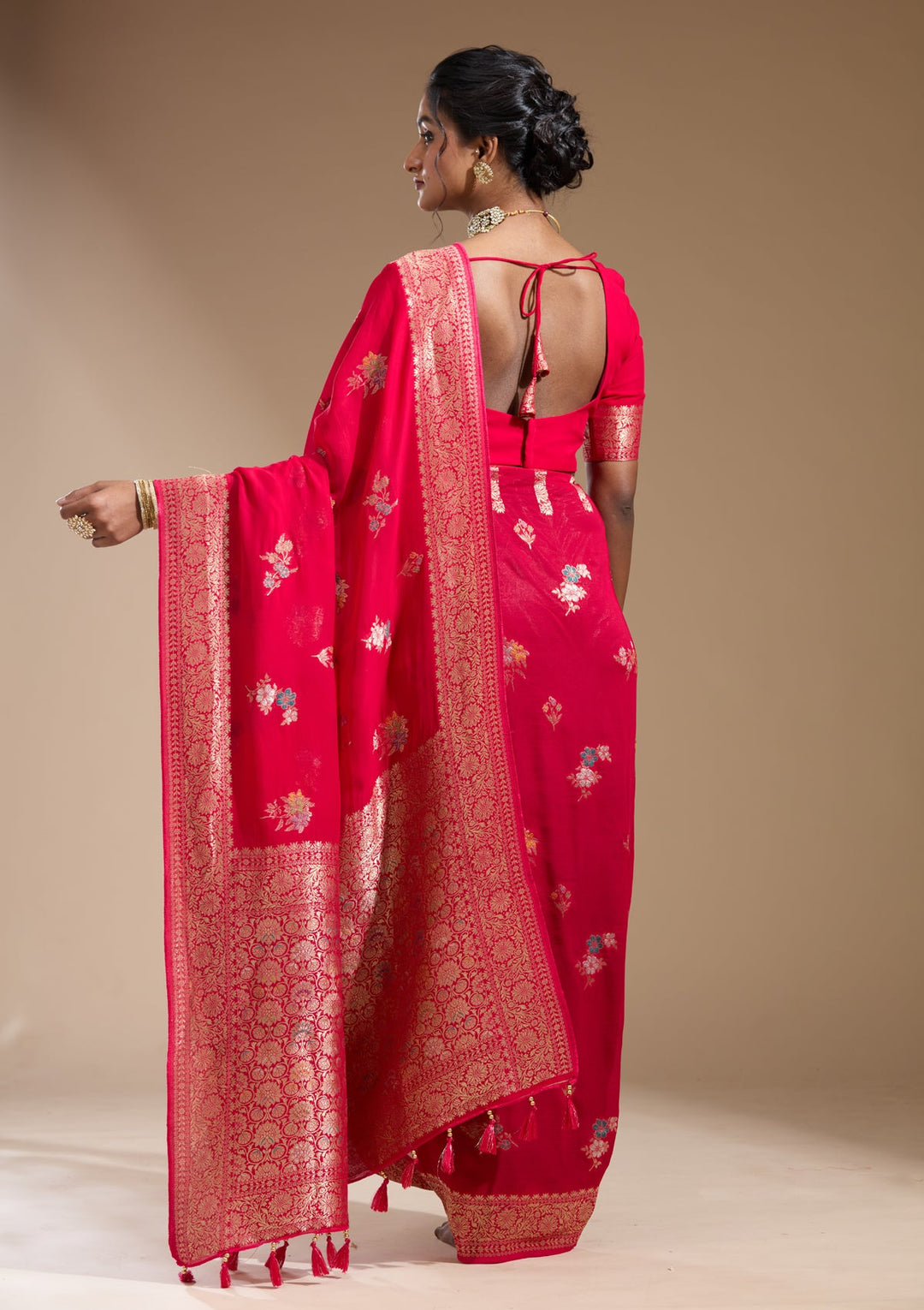 Rani Pink Zariwork (Gold) Georgette Silk Saree