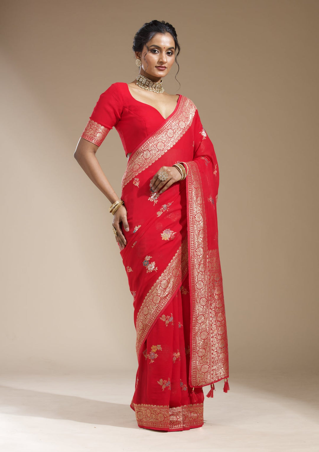 Rani Pink Zariwork (Gold) Georgette Silk Saree