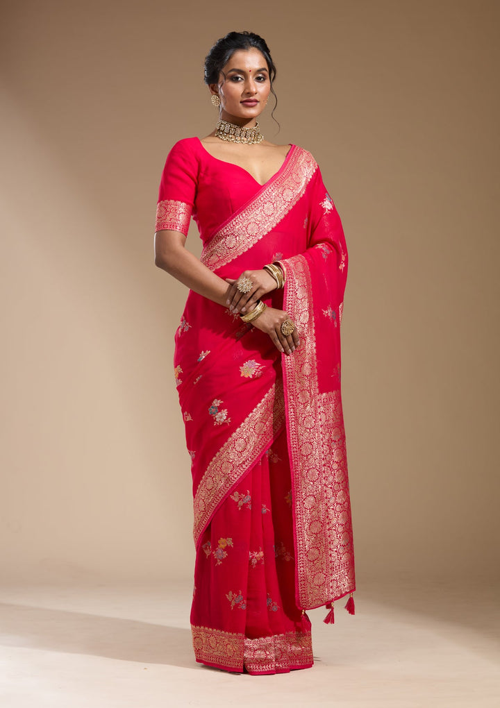 Rani Pink Zariwork (Gold) Georgette Silk Saree