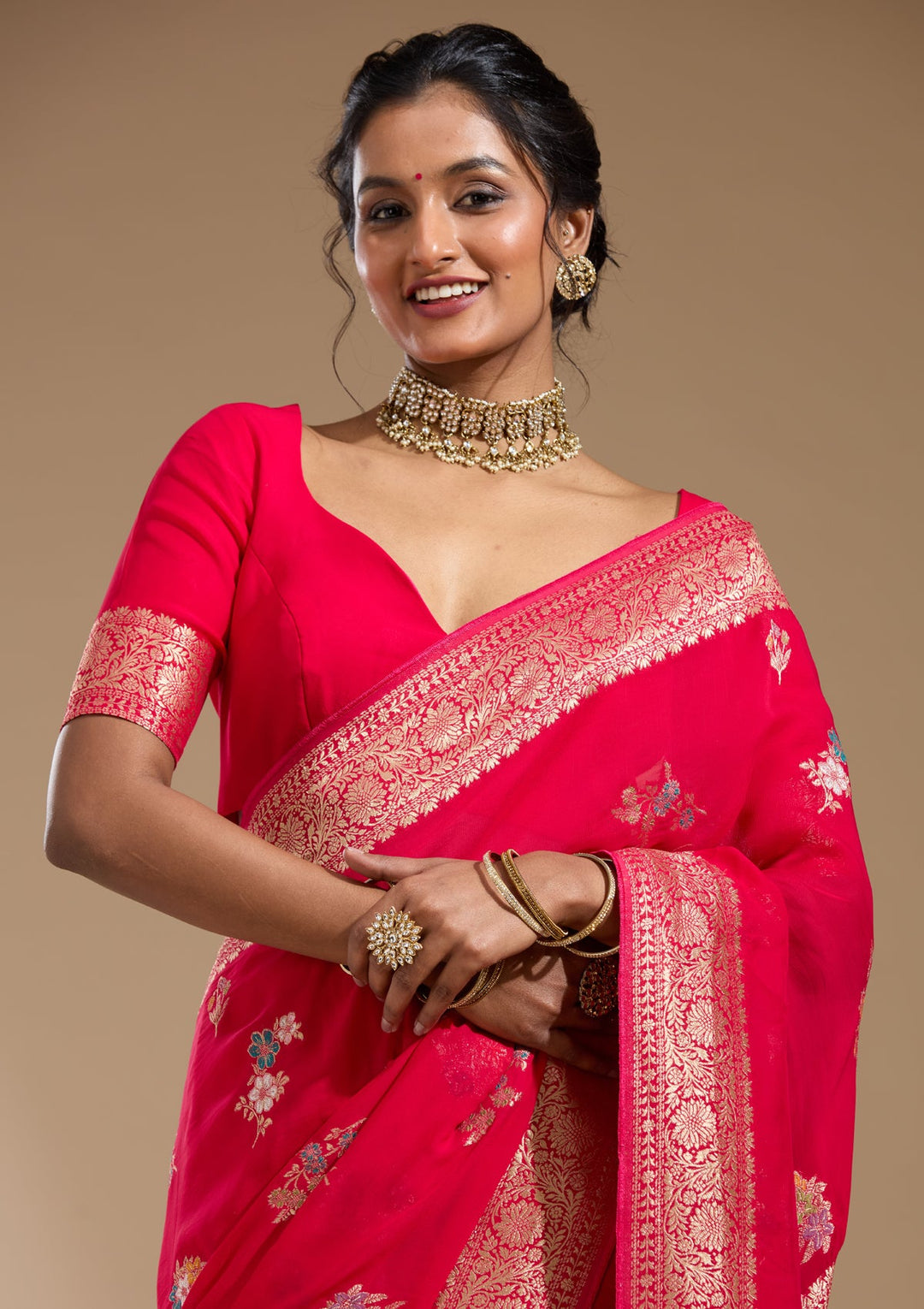 Rani Pink Zariwork (Gold) Georgette Silk Saree