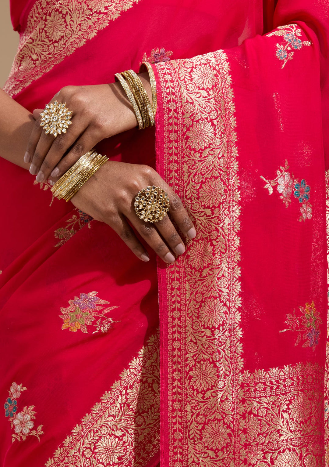 Rani Pink Zariwork (Gold) Georgette Silk Saree