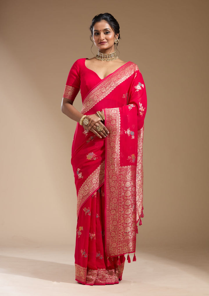 Rani Pink Zariwork (Gold) Georgette Silk Saree