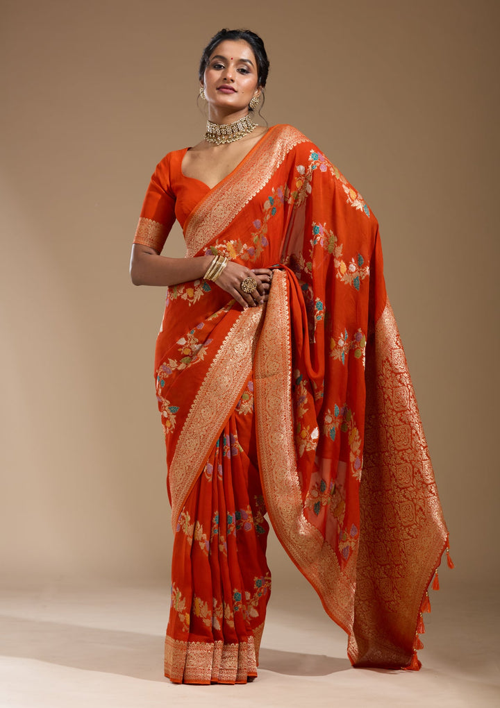 Orange Zariwork (Gold) Georgette Silk Saree