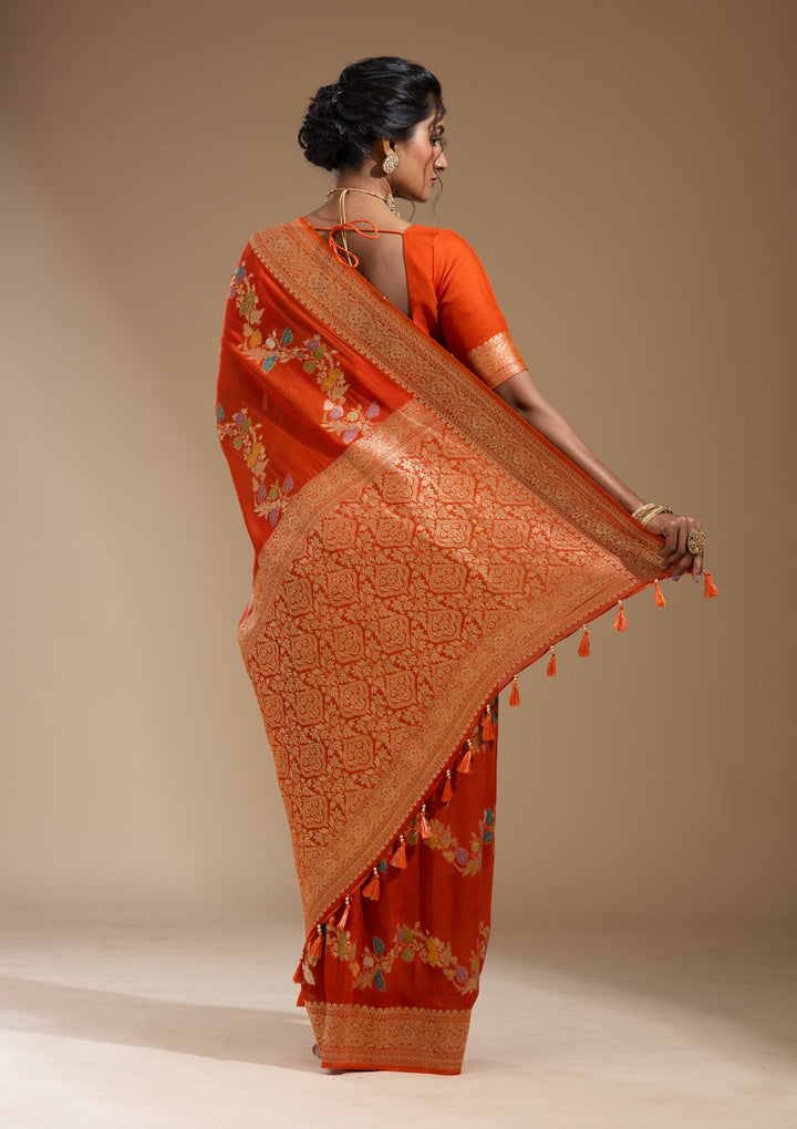 Orange Zariwork (Gold) Georgette Silk Saree