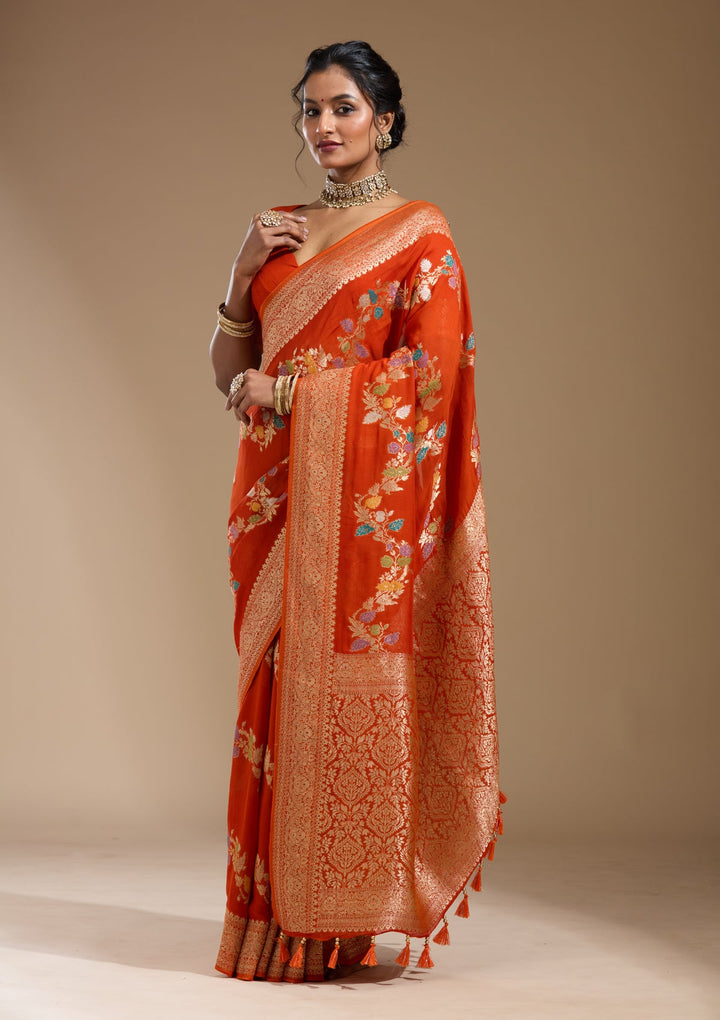 Orange Zariwork (Gold) Georgette Silk Saree