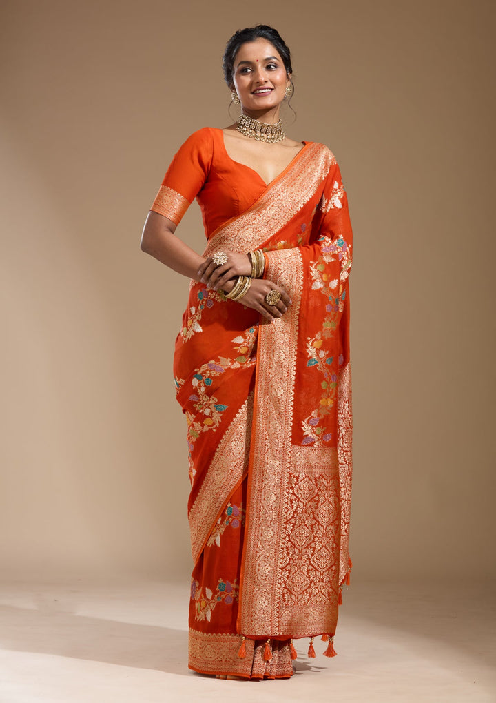 Orange Zariwork (Gold) Georgette Silk Saree