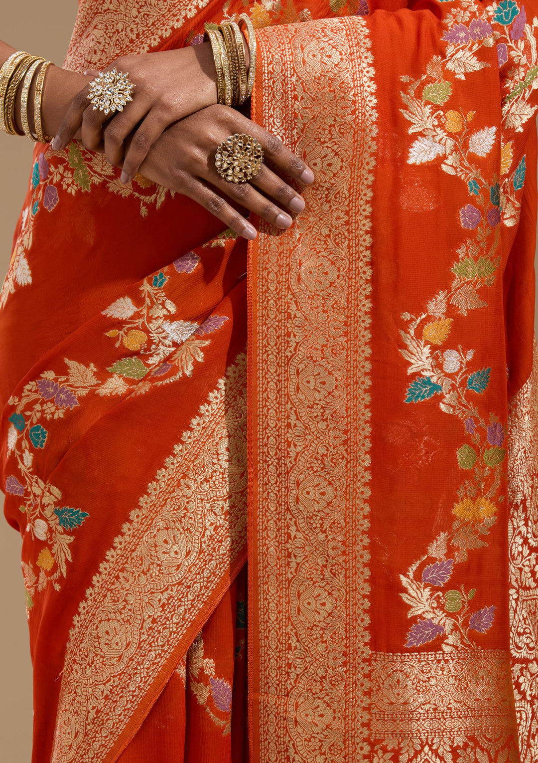 Orange Zariwork (Gold) Georgette Silk Saree