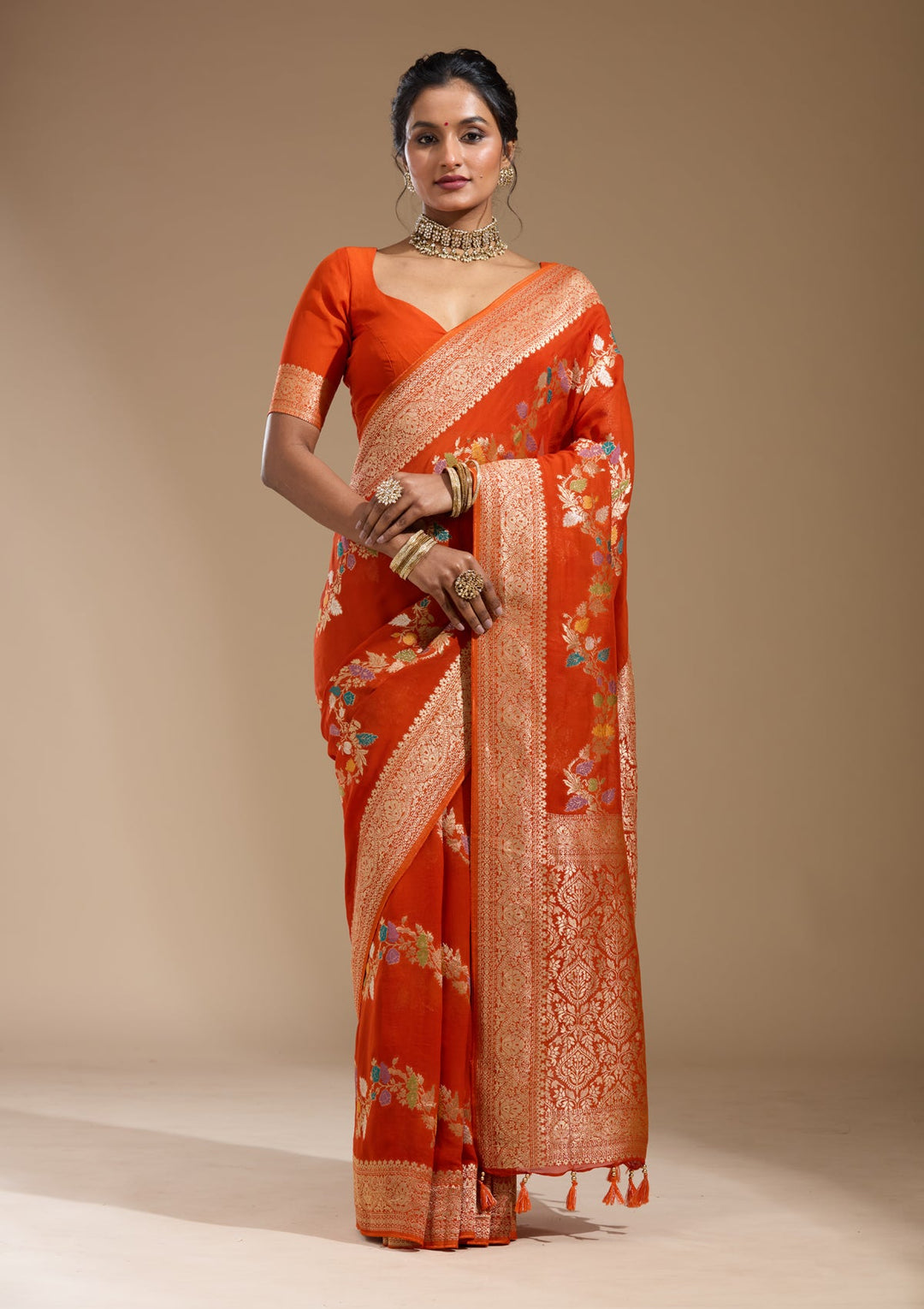 Orange Zariwork (Gold) Georgette Silk Saree