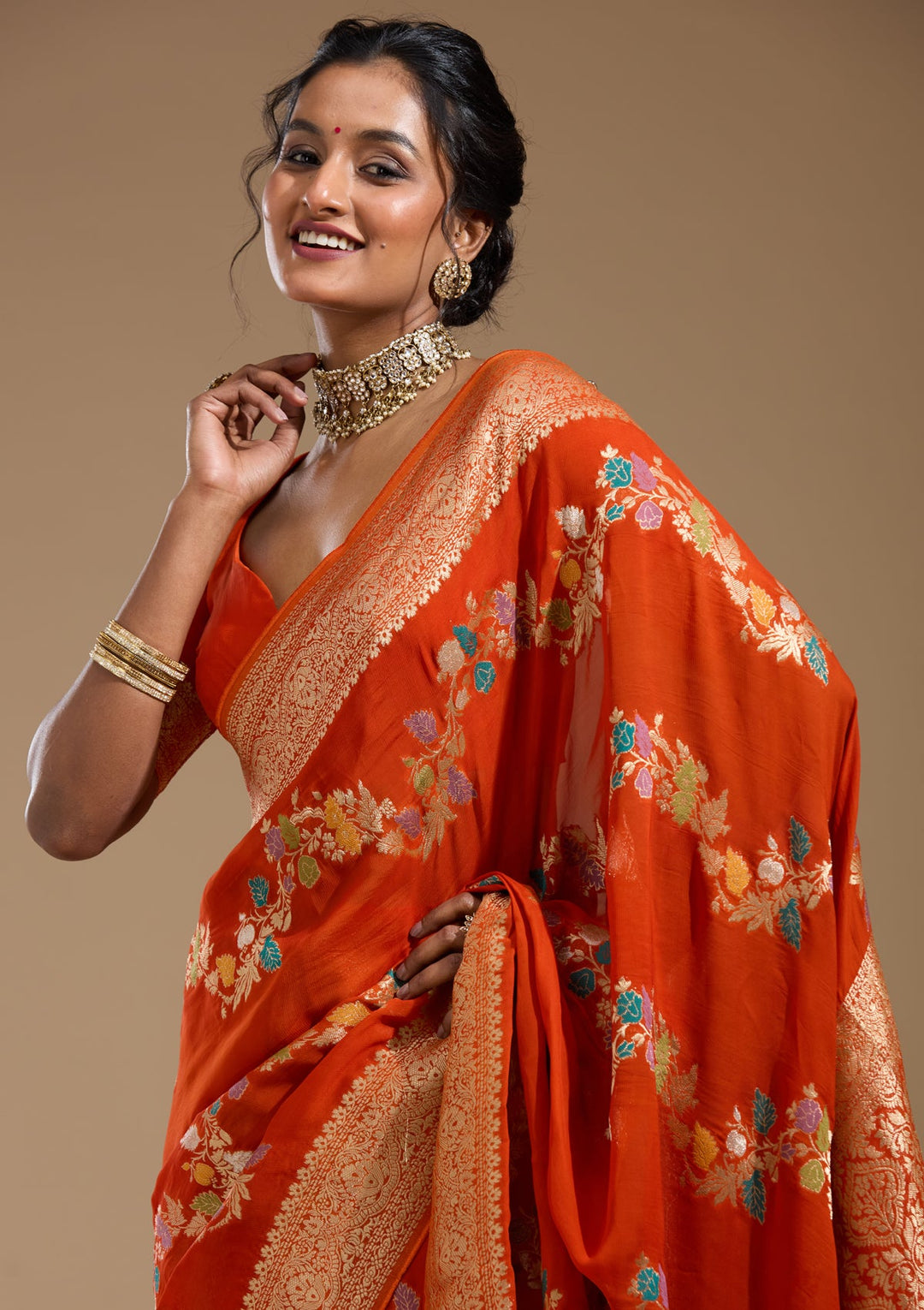 Orange Zariwork (Gold) Georgette Silk Saree