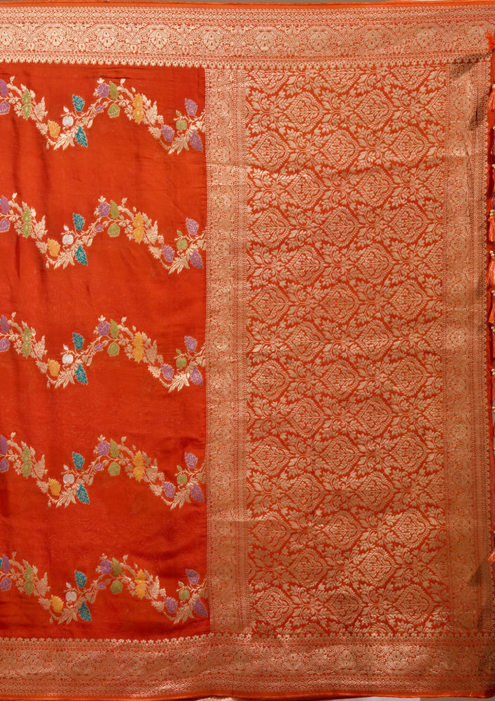 Orange Zariwork (Gold) Georgette Silk Saree